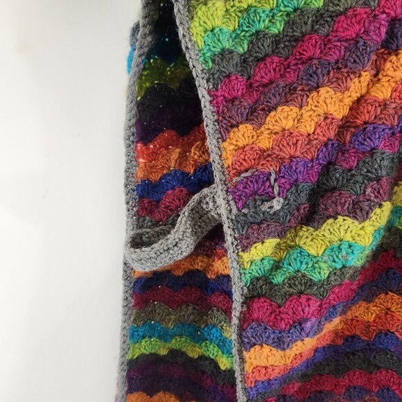 Hand Knit Rainbow Striped Hooded Poncho Unisex Hippie Colorful Yarn - Picture 6 of 14
